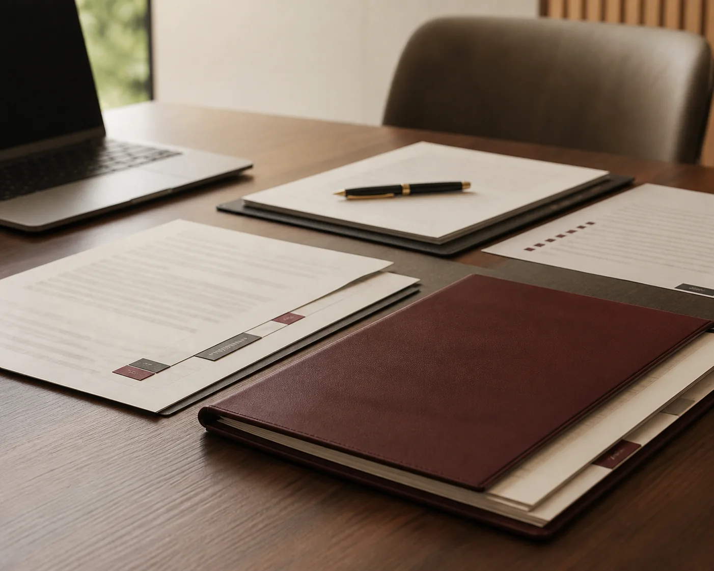 Documentos empresariais organizados para análise jurídica