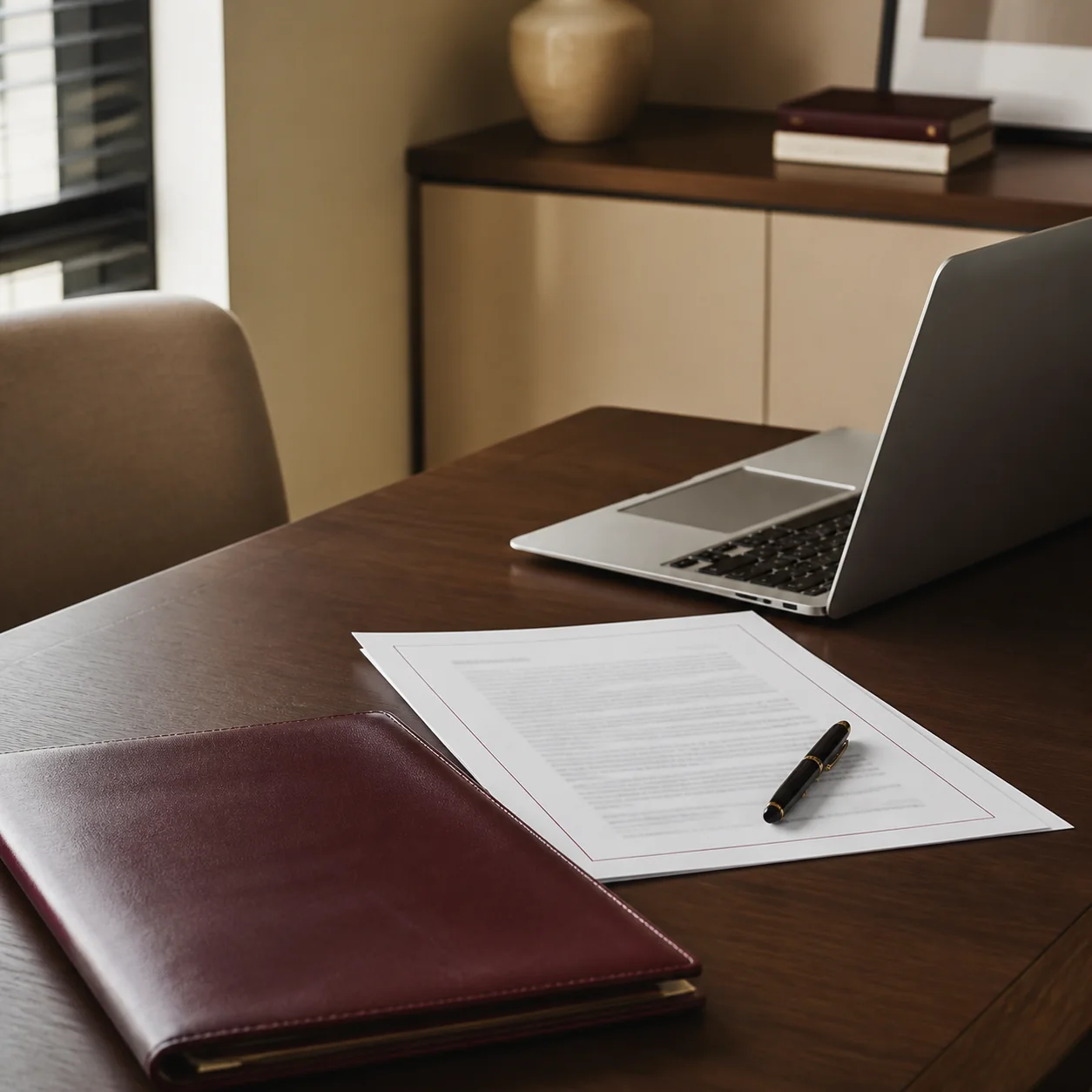 Contrato empresarial organizado sobre mesa de escritório